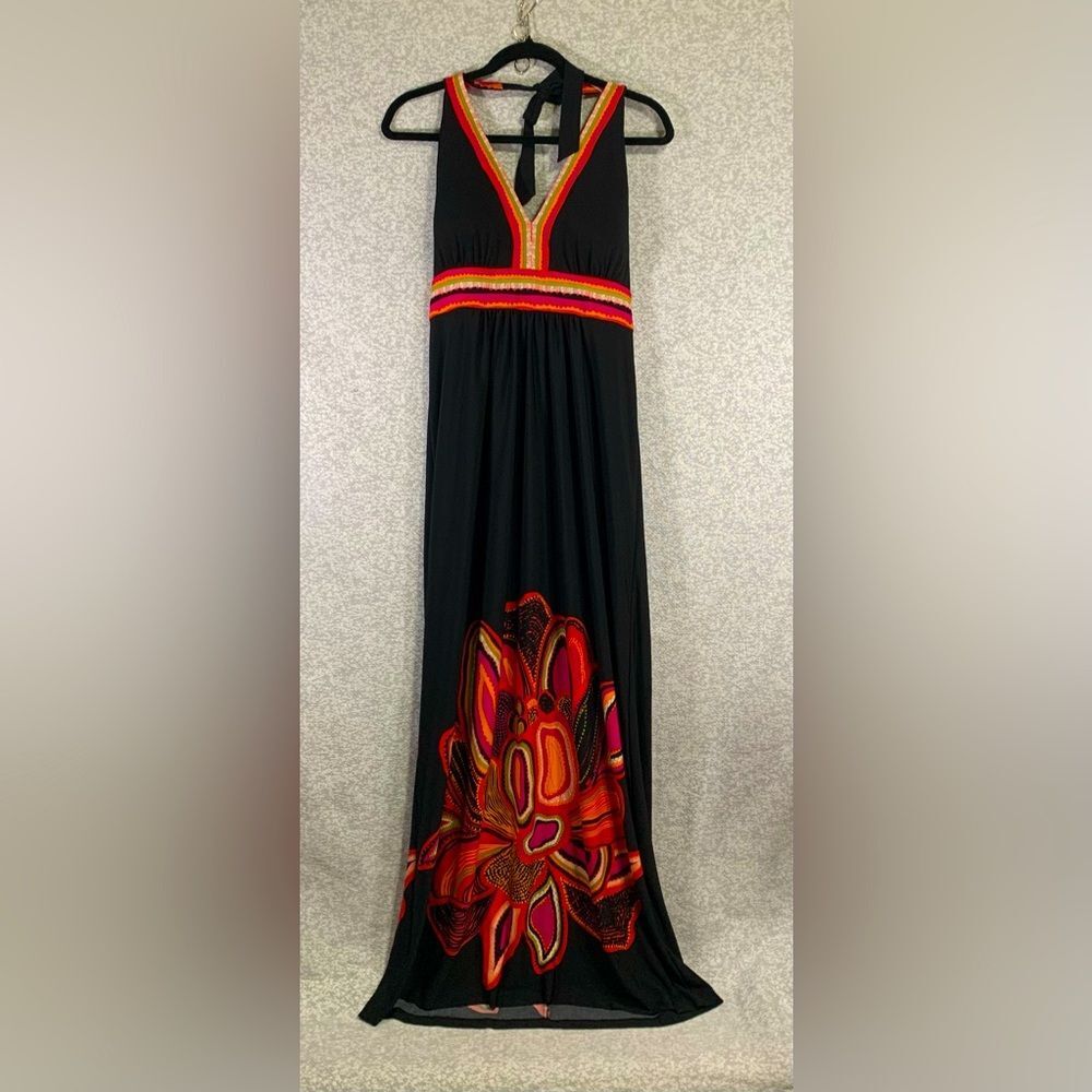 RILEY Halter Neck Black Pink Floral Long Summer Beach Maxi Dress Size 8 #554